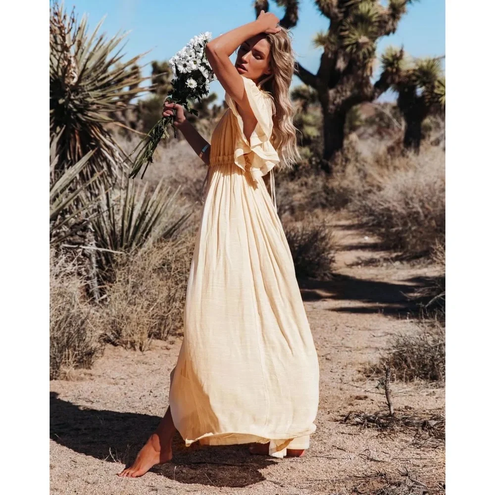 SOLD OUT Cream Gauze Boho Raw Hem Button Maxi Dress - Picture 7 of 11